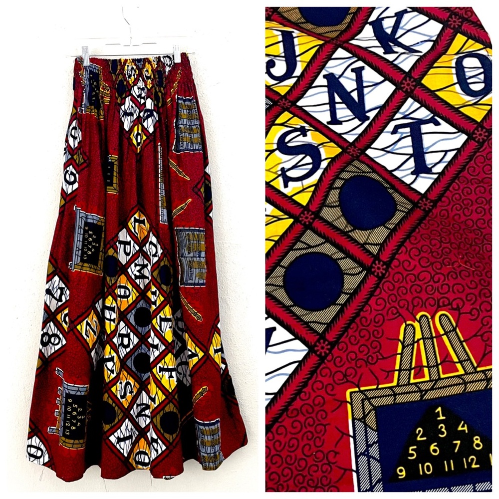 African Wax Hollandais ABC Educational Print Full Maxi Skirt Size Small